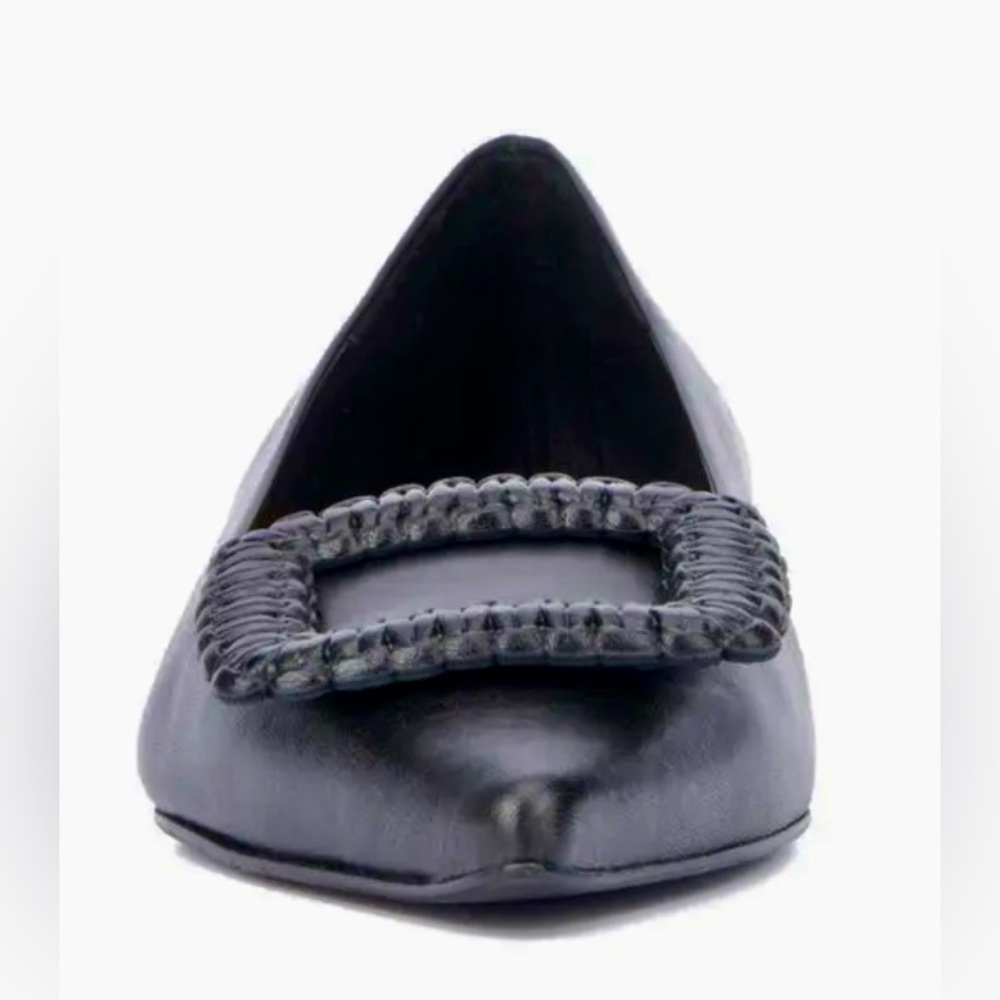 Aquatalia Jena Pointy Toe, Adorned Woven Leather Square Fixture Black Flats Sz 7